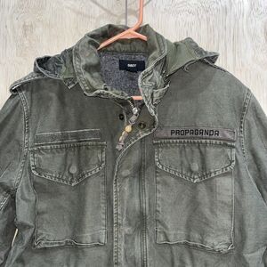 Obey Green Military Jacket Hooded Size M Full Zip with Pockets